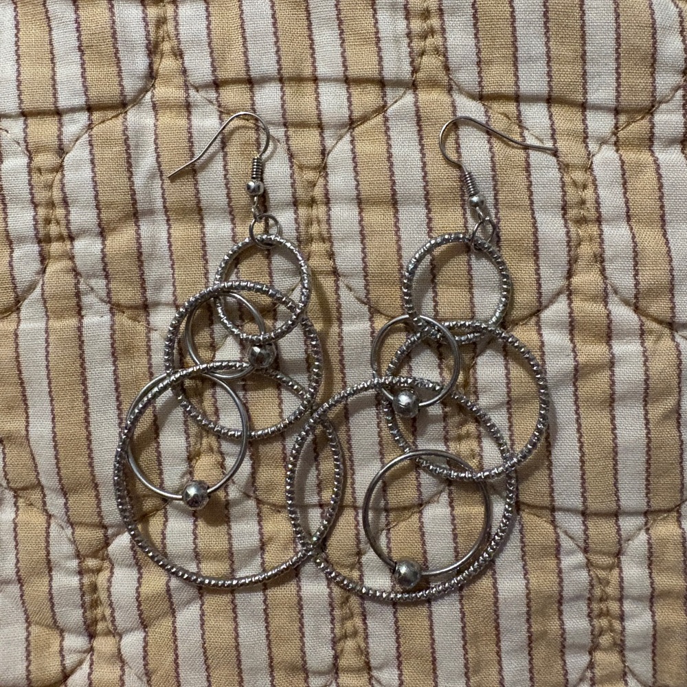 Elegant Silver Hoop Ring Stacked Dangle Earrings